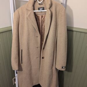 DKNY Women's Tan Herringbone Wool Coat